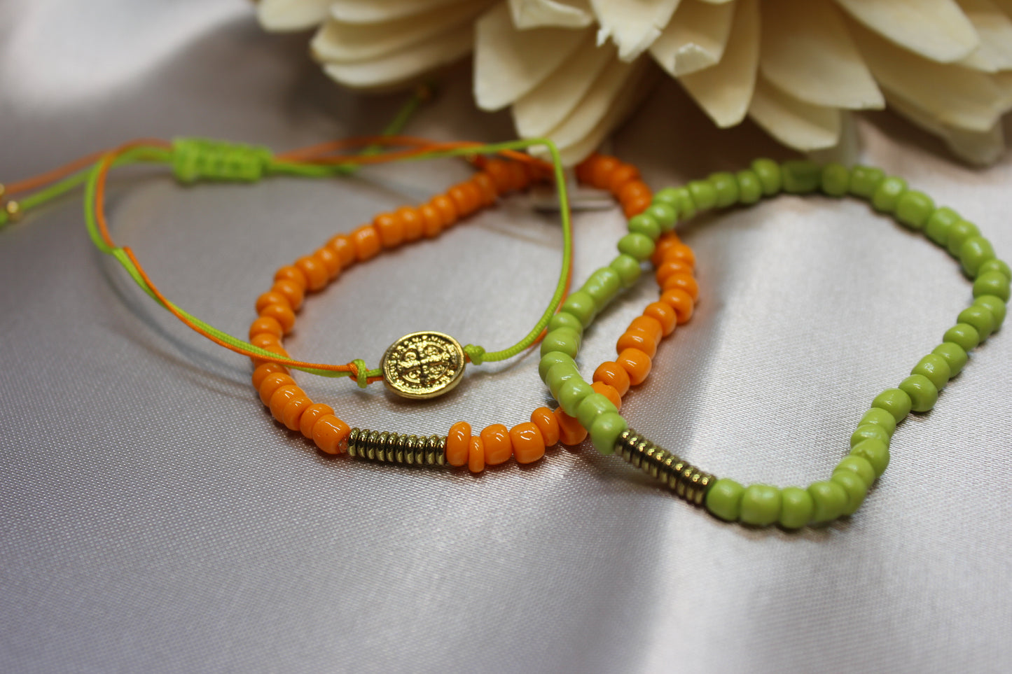 Set 3 pulseras verde-naranja